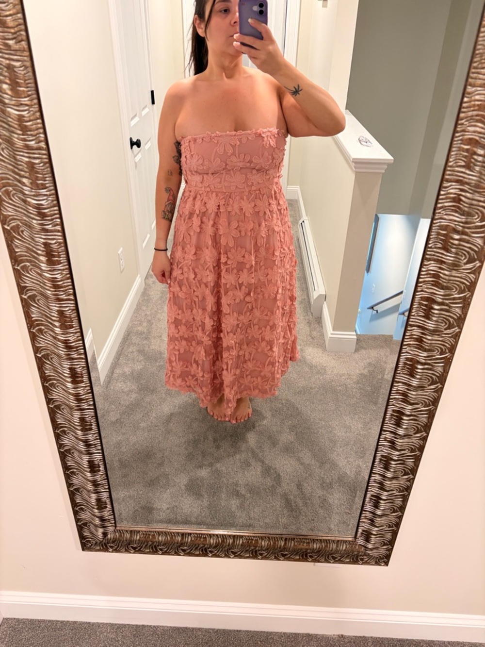 JJs House Strapless Blush Pink Floral Lace Midi Dress